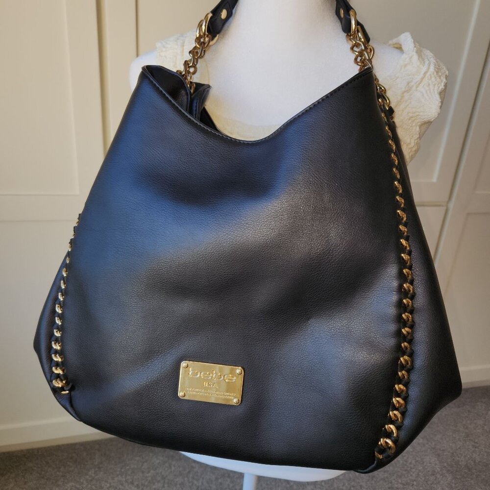 Bebe Black Faux Leather Bag Purse Large Gold Chains Glam Edgy Maximalism Loud - Picture 6 of 16